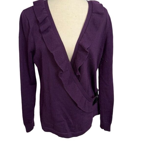 Fenn Wright Manson 100% Italian Merino Wool Solid Purple front tie Blouse size L - Picture 2 of 9